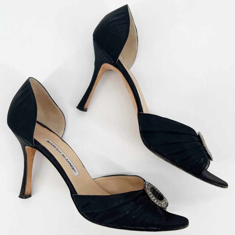 Manolo Blahnik y2k Black Satin Sedaraby Crystal D’Orsay Peep Toe Heels IT 39 - Picture 3 of 11